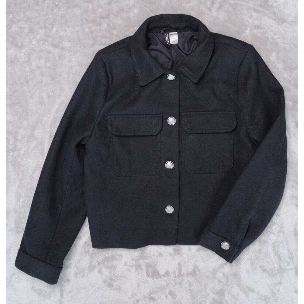 H&M Brushed Finish Cropped Black Jacket Silver Buttons Womens Size M